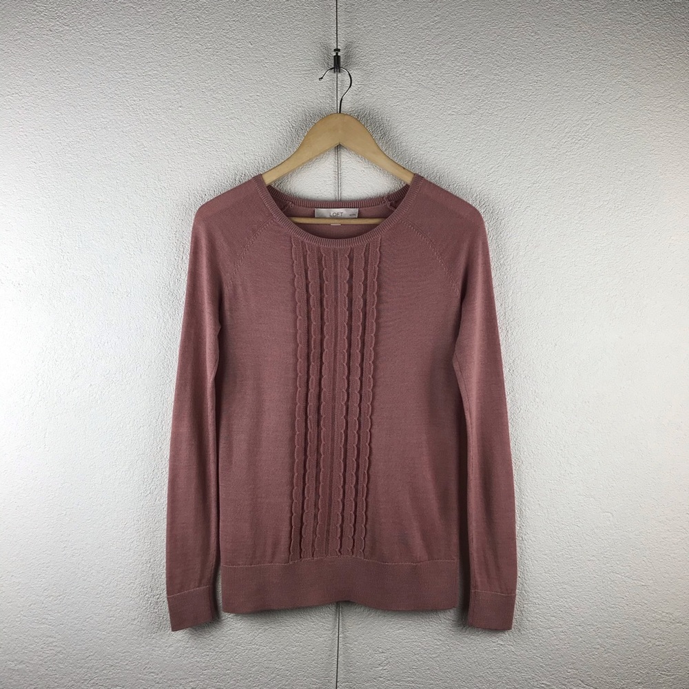 LOFT l SP Dusty Rose Scalloped Ruffled Bodice Crew Pullover Preppy Knit Sweater